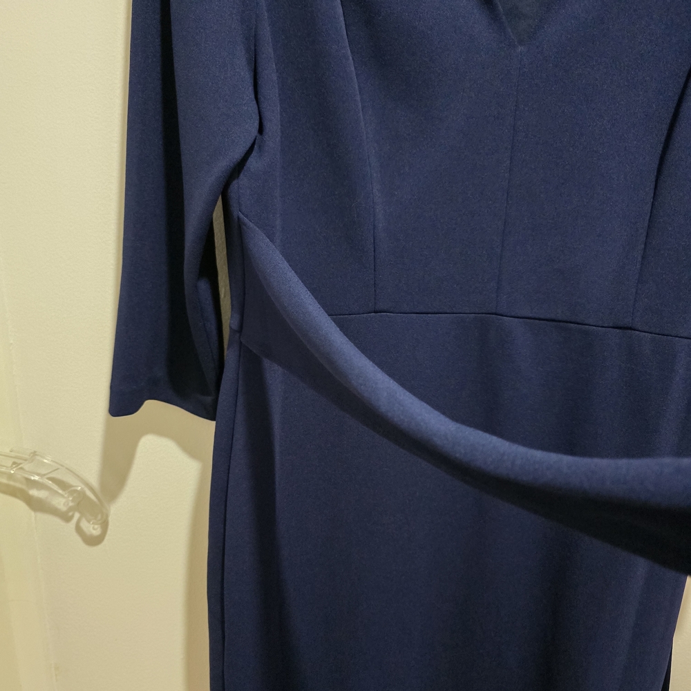 Adrianna Papell Navy, Tie-Waist 3/4 Sleeve, Midi, Sheath Dress Size 14 - Picture 14 of 15